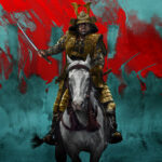 nell'immagine un samurai a cavallo, locandina della serie shogun