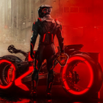 Nella foto una moto e un personaggio futuristico tratto dal film Tron Ares