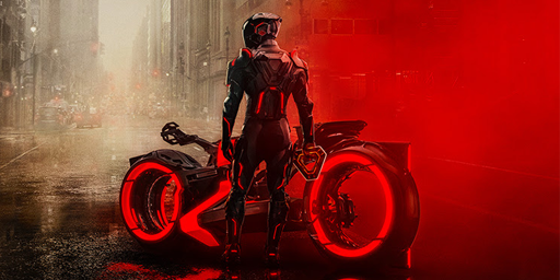 Nella foto una moto e un personaggio futuristico tratto dal film Tron Ares
